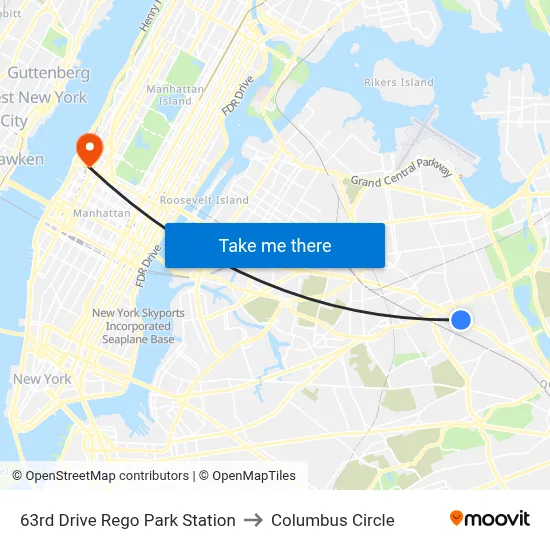 63rd Drive Rego Park Station to Columbus Circle map