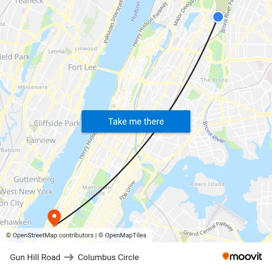 Gun Hill Road to Columbus Circle map