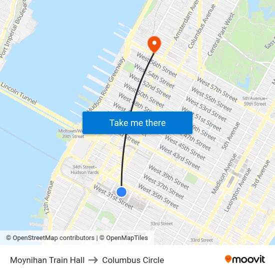 Moynihan Train Hall to Columbus Circle map