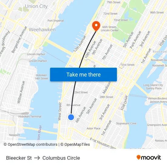 Bleecker St to Columbus Circle map