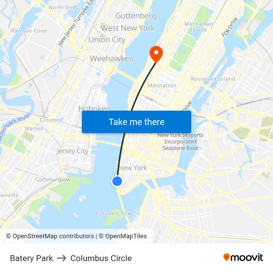 Batery Park to Columbus Circle map