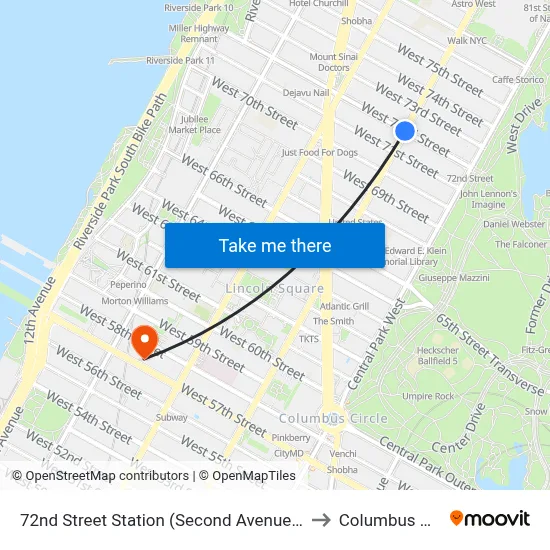 72nd Street Station (Second Avenue Subway) to Columbus Circle map