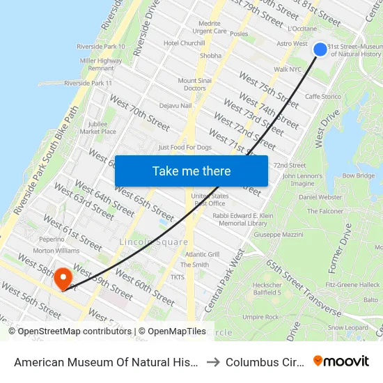 American Museum Of Natural History to Columbus Circle map