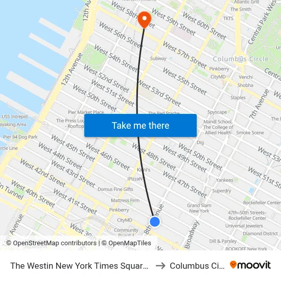 The Westin New York Times Square Hotel to Columbus Circle map