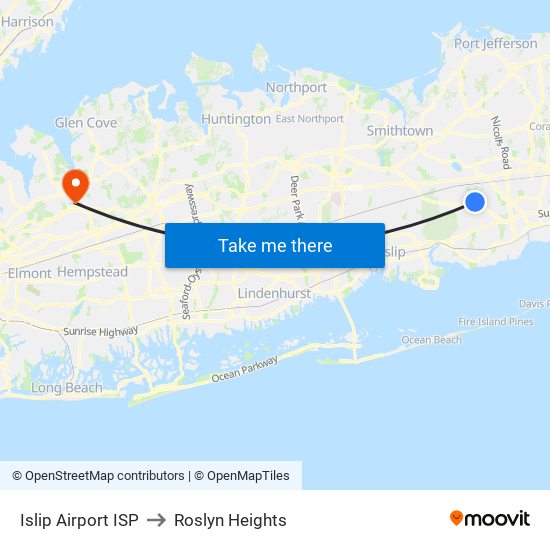 Islip Airport ISP to Roslyn Heights map