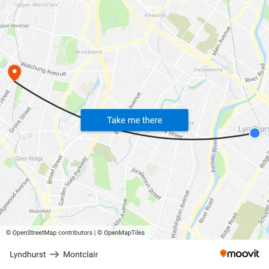 Lyndhurst to Montclair map