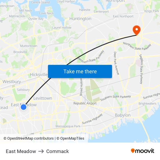 East Meadow to Commack map