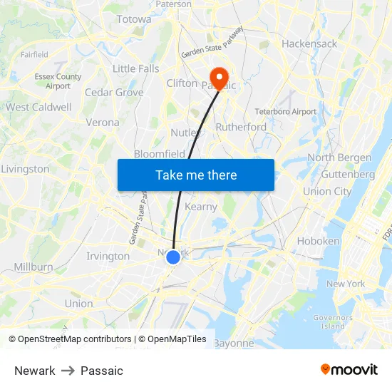 Newark to Passaic map
