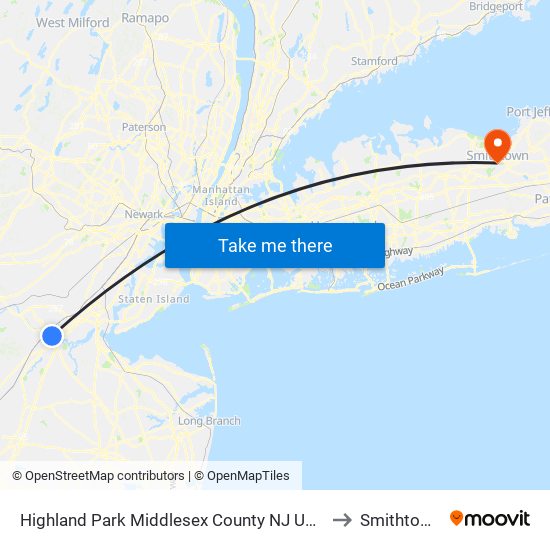 Highland Park Middlesex County NJ USA to Smithtown map