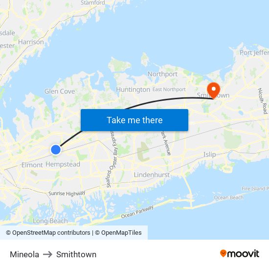 Mineola to Smithtown map