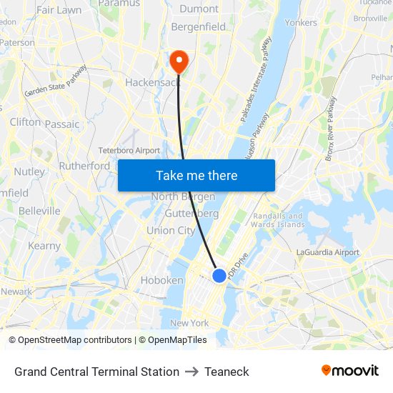 Grand Central Terminal Station to Teaneck map