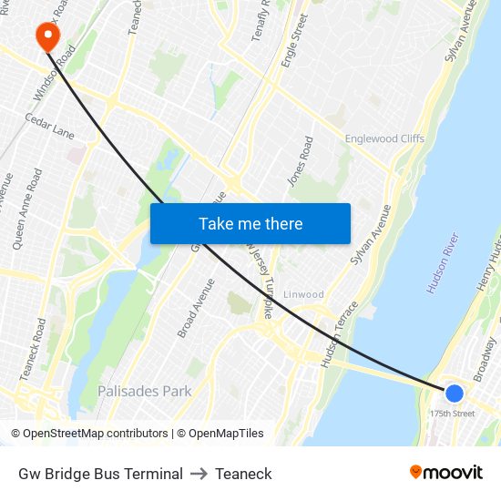 Gw Bridge Bus Terminal to Teaneck map