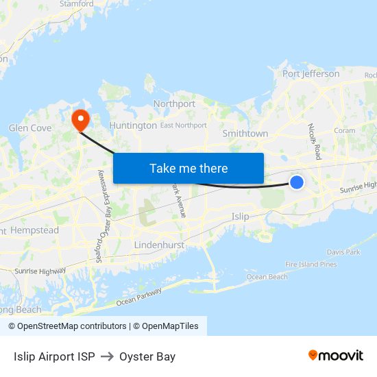 Islip Airport ISP to Oyster Bay map