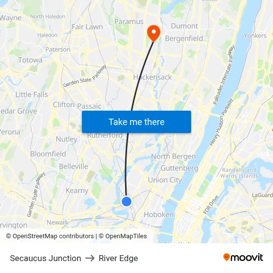 Secaucus Junction to River Edge map