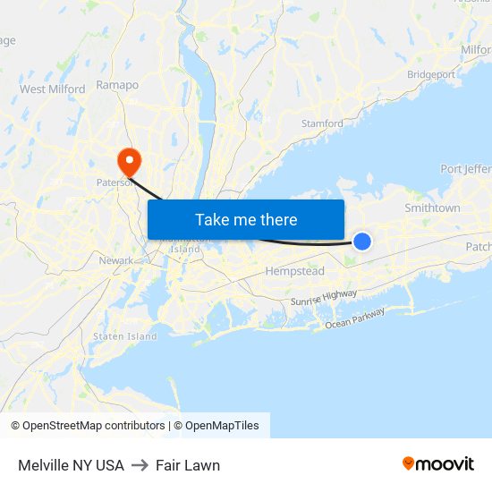 Melville NY USA to Fair Lawn map