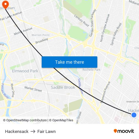 Hackensack to Fair Lawn map