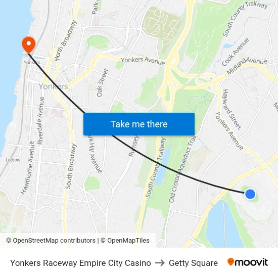 Yonkers Raceway Empire City Casino to Getty Square map