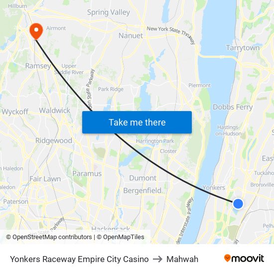 Yonkers Raceway Empire City Casino to Mahwah map