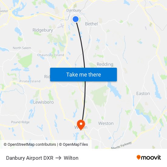 Danbury Airport DXR to Wilton map