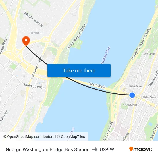 George Washington Bridge Bus Station to US-9W map