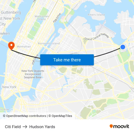 Citi Field to Hudson Yards map