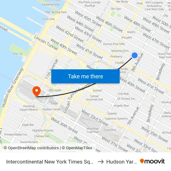 Intercontinental New York Times Square to Hudson Yards map