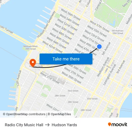 Radio City Music Hall to Hudson Yards map