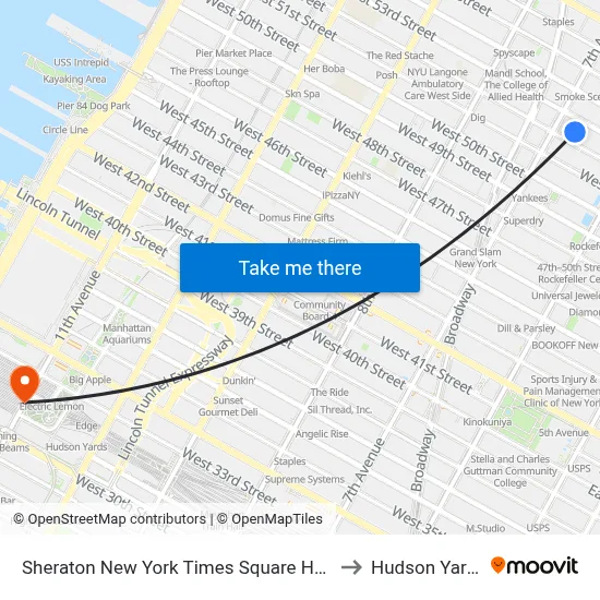 Sheraton New York Times Square Hotel to Hudson Yards map