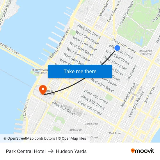 Park Central Hotel to Hudson Yards map