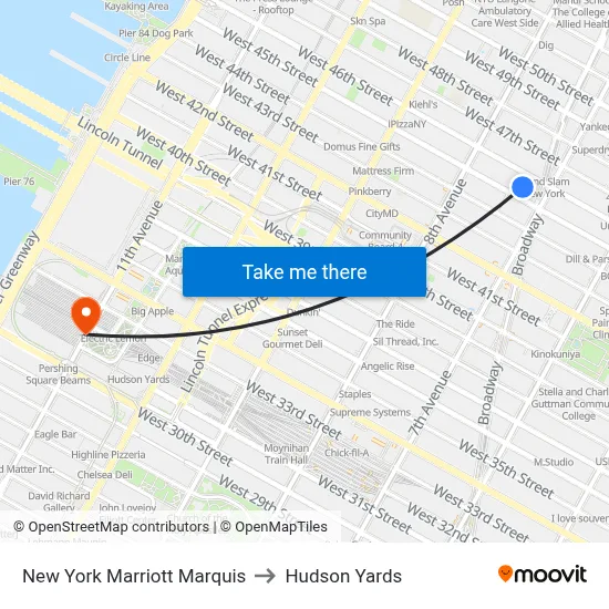 New York Marriott Marquis to Hudson Yards map