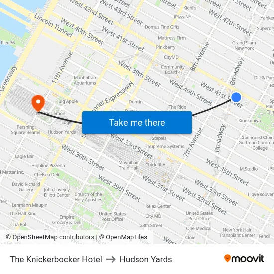 The Knickerbocker Hotel to Hudson Yards map