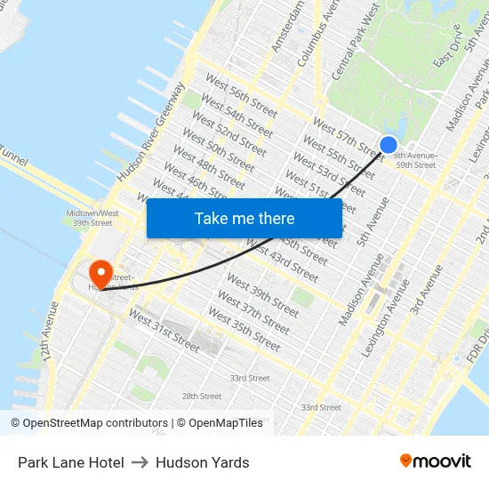 Park Lane Hotel to Hudson Yards map