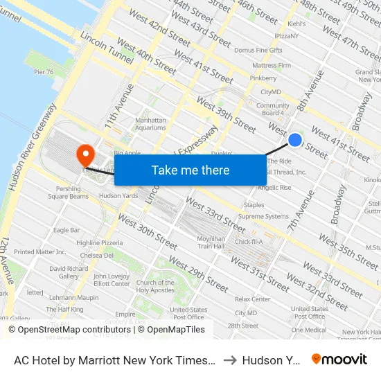 AC Hotel by Marriott New York Times Square to Hudson Yards map
