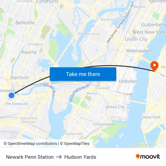 Newark Penn Station to Hudson Yards map