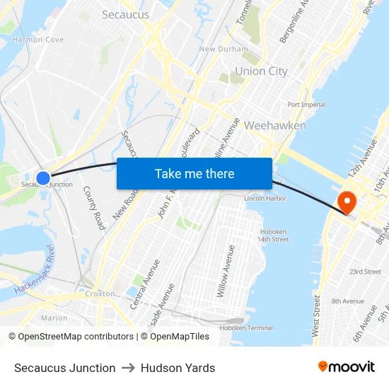 Secaucus Junction to Hudson Yards map