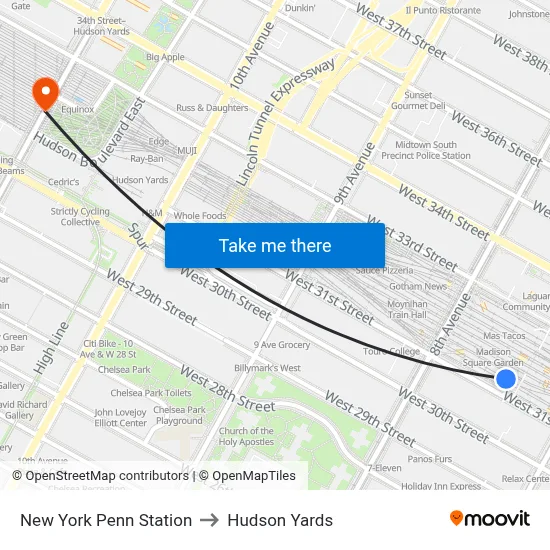 New York Penn Station to Hudson Yards map