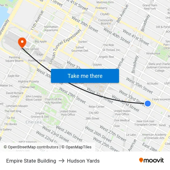 Empire State Building to Hudson Yards map