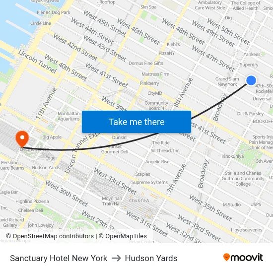Sanctuary Hotel New York to Hudson Yards map