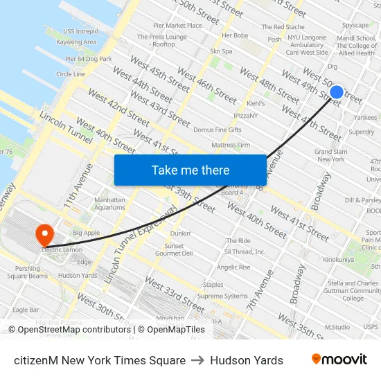 citizenM New York Times Square to Hudson Yards map
