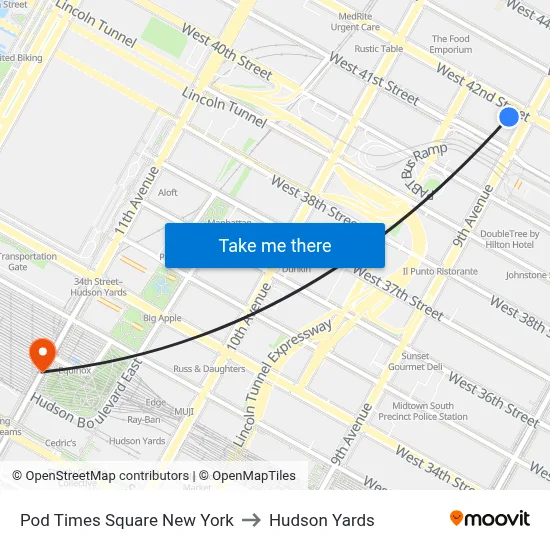 Pod Times Square New York to Hudson Yards map