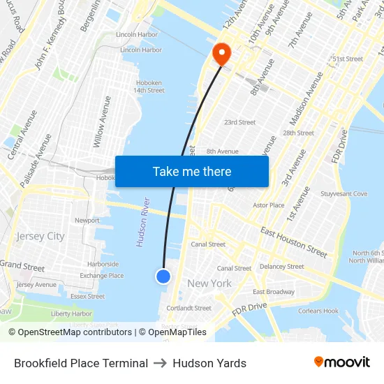 Brookfield Place Terminal to Hudson Yards map