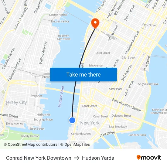 Conrad New York Downtown to Hudson Yards map