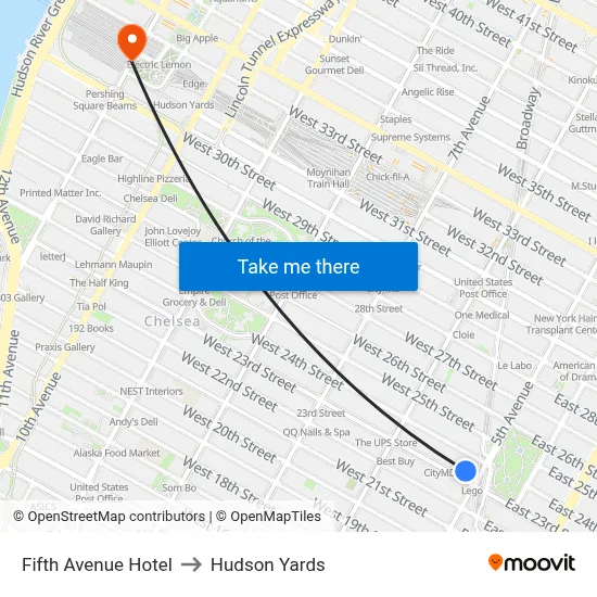 Fifth Avenue Hotel to Hudson Yards map