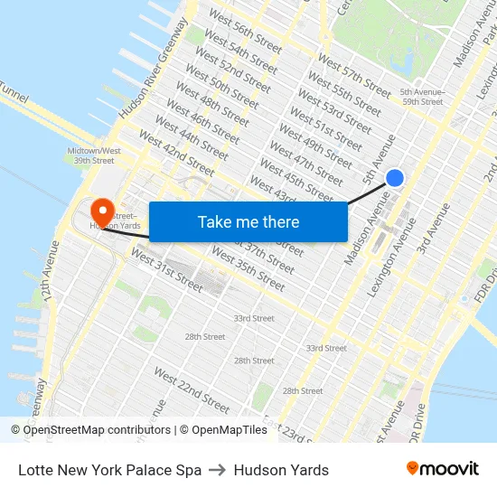Lotte New York Palace Spa to Hudson Yards map