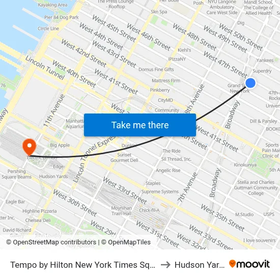 Tempo by Hilton New York Times Square to Hudson Yards map