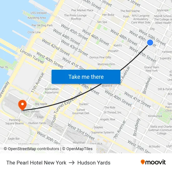 The Pearl Hotel New York to Hudson Yards map