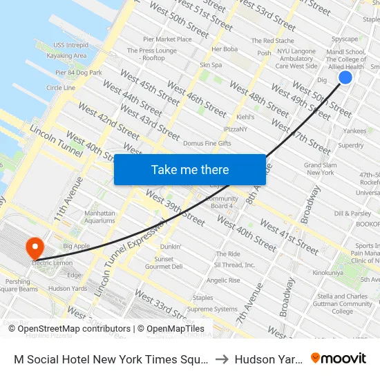 M Social Hotel New York Times Square to Hudson Yards map