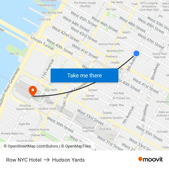 Row NYC Hotel to Hudson Yards map