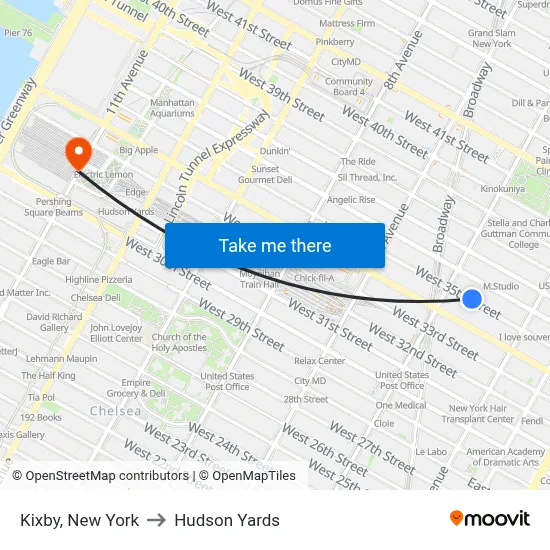 Kixby, New York to Hudson Yards map