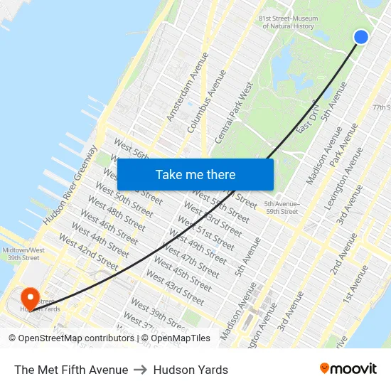 The Met Fifth Avenue to Hudson Yards map